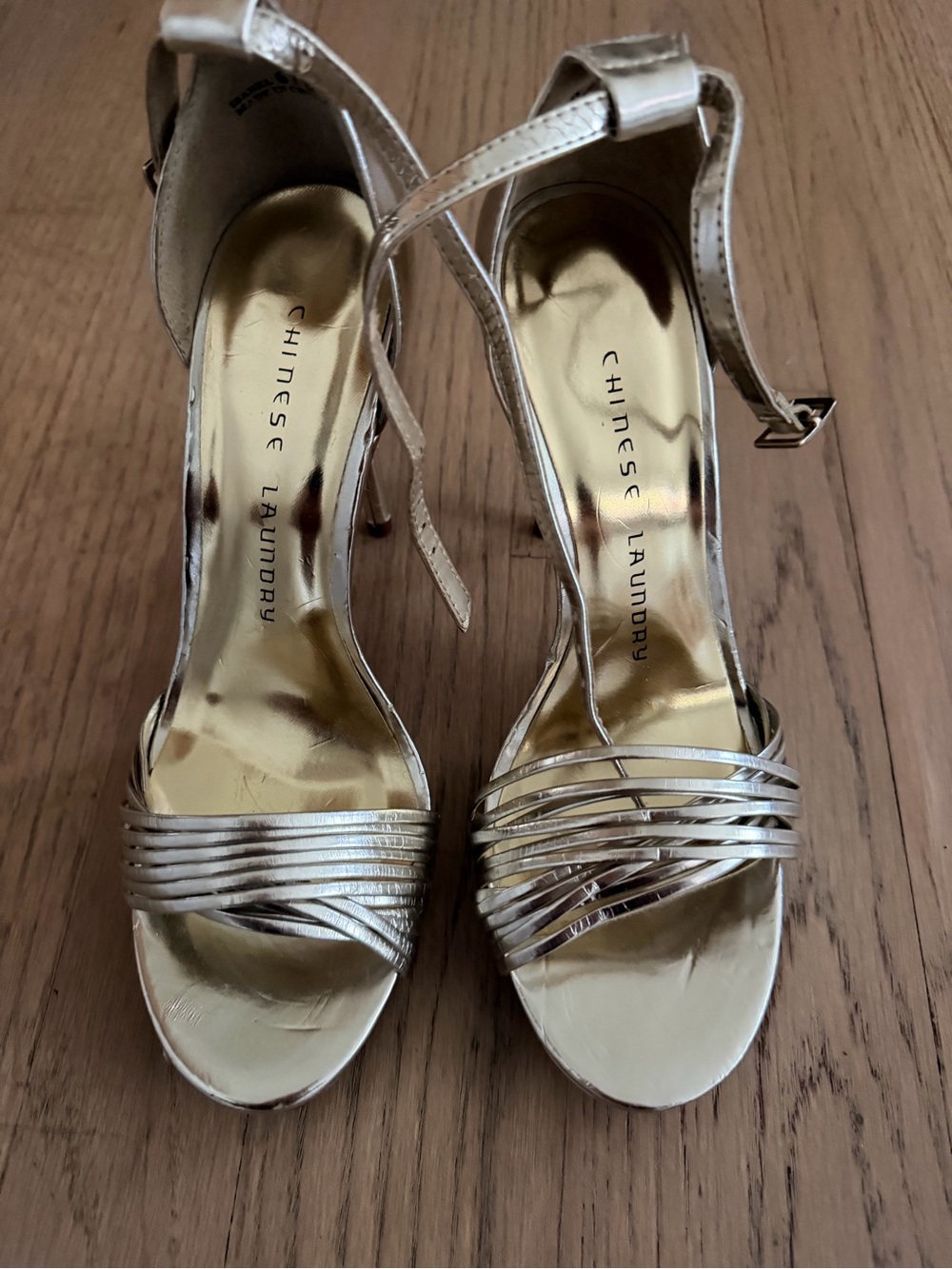 Chinese Laundry Gold Strappy Ankle‑Wrap Heels